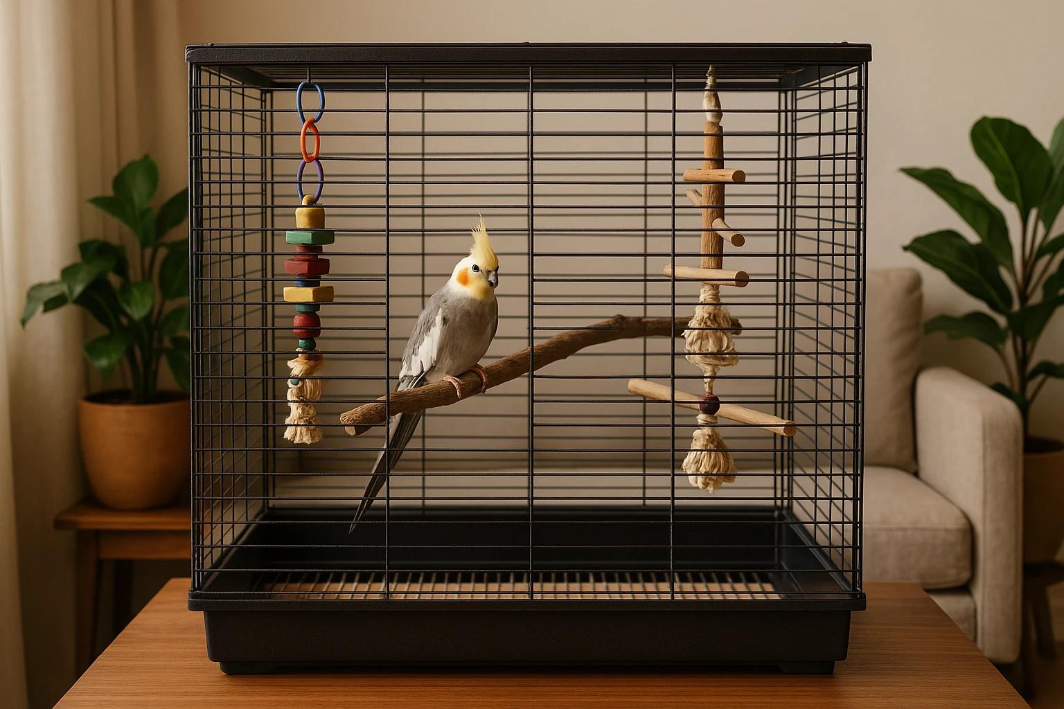 Best Cockatiel Cage Setup featuring a vibrant pied cockatiel perched inside a spacious cage with natural wood perches, toys, and a bright, cozy room setup