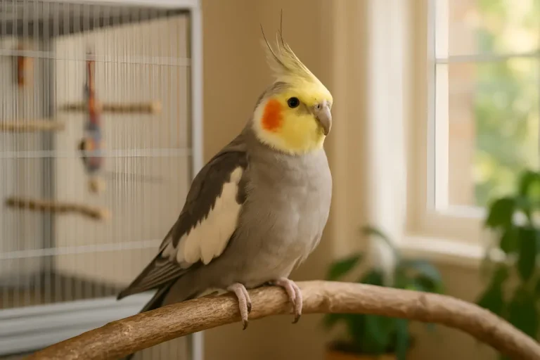 Healthy adult cockatiel perched on a wooden branch in a cozy indoor environment, reflecting the importance of a good home for a long cockatiel life