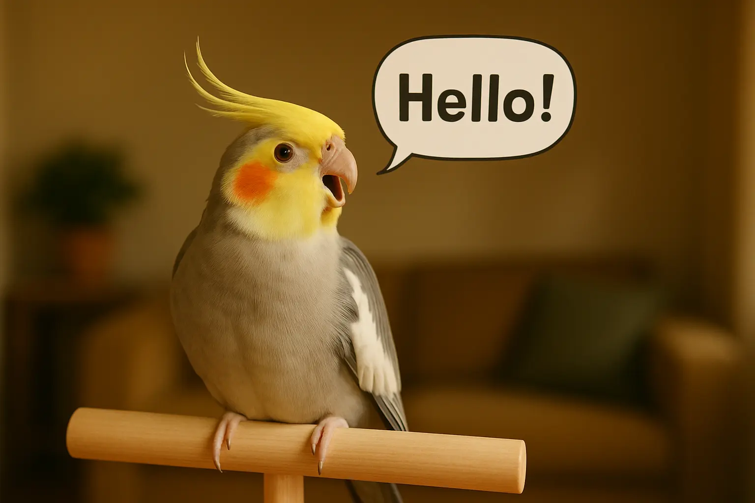 A cockatiel perched on a wooden dowel with an open beak and a speech bubble saying “Hello!”, illustrating the concept of Can Cockatiels Talk? in a cozy home setting.