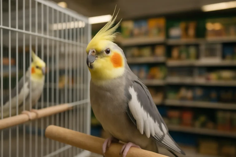 A healthy cockatiel with bright orange cheeks perched in a pet store cage, illustrating options for those asking where to buy a cockatiel.