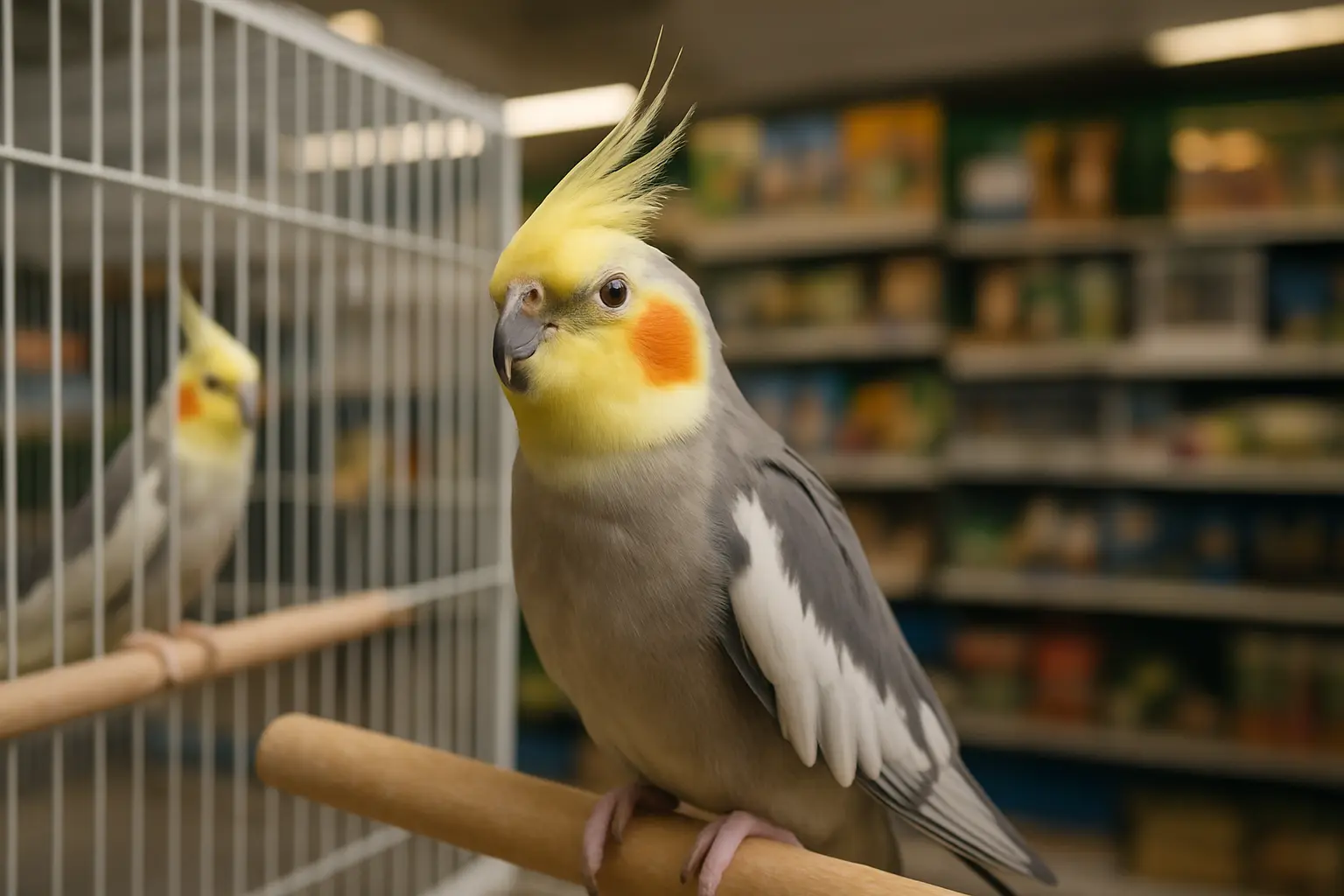 A healthy cockatiel with bright orange cheeks perched in a pet store cage, illustrating options for those asking where to buy a cockatiel.