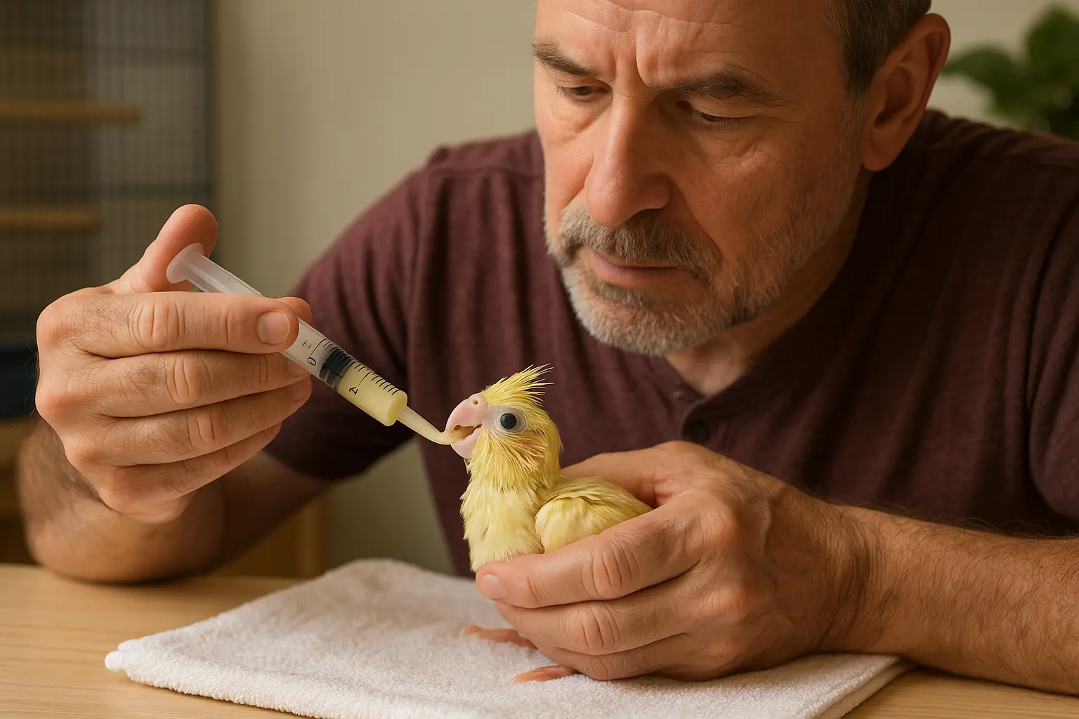 An experienced owner gently hand feeds a baby cockatiel using a syringe, demonstrating the correct way on how to hand feed a cockatiel.