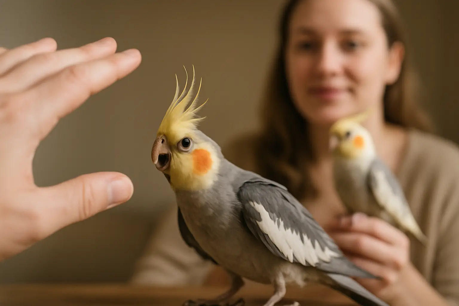 A cockatiel shows fear as a human hand approaches, while a woman in the background gently holds a tamed cockatiel, highlighting the contrast in behavior during the early stages of how to tame a cockatiel step by step.