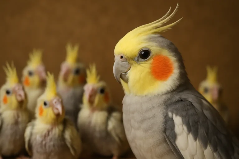 Adult cockatiel with bright yellow crest and orange cheeks in sharp focus, surrounded by baby cockatiels in the background, showing visual signs for how to tell a cockatiel’s age.