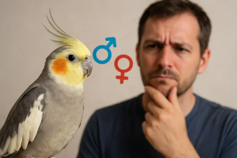 A man looks thoughtfully at a cockatiel while blue male and red female gender symbols float between them, illustrating curiosity about how to tell if a cockatiel is male or female.