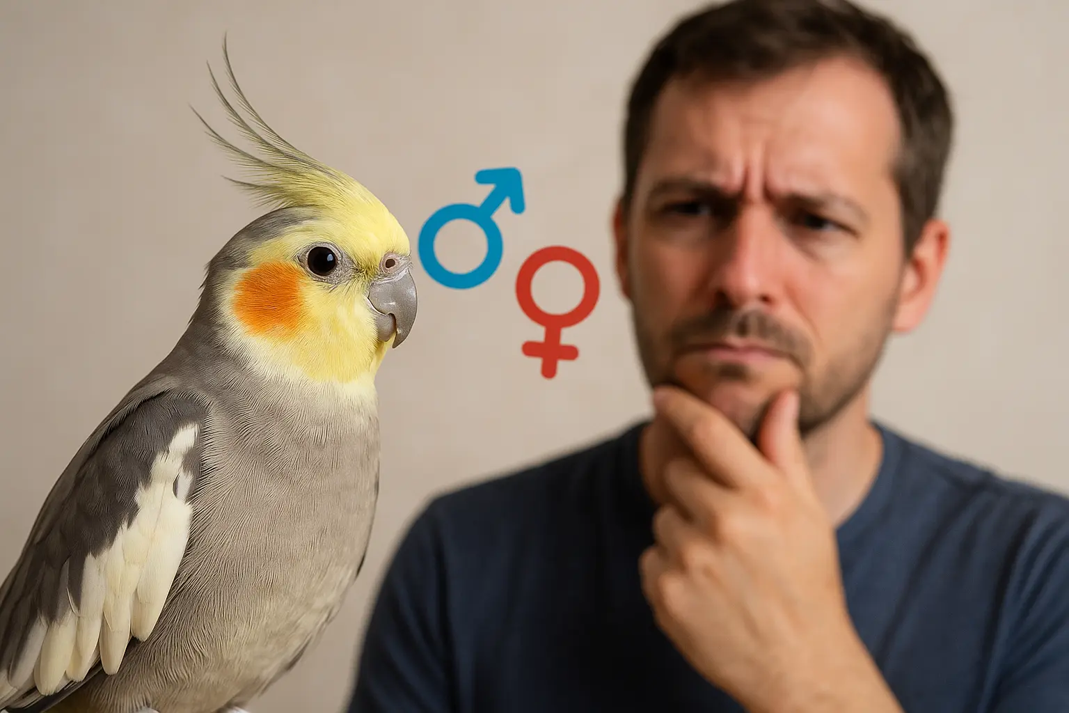 A man looks thoughtfully at a cockatiel while blue male and red female gender symbols float between them, illustrating curiosity about how to tell if a cockatiel is male or female.