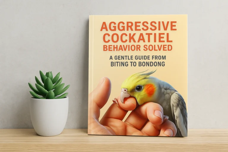 A paperback book titled Aggressive Cockatiel Behavior Solved is displayed upright on a wooden table next to a small potted succulent. The cover features a hand gently holding a cockatiel. This is the Book That Solves Cockatiel Biting.