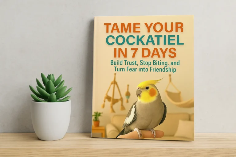 Mockup of a paperback titled "Tame Your Cockatiel in 7 Days" a book for taming scared and aggressive cockatiels, shown resting on a cozy table with a natural home background.