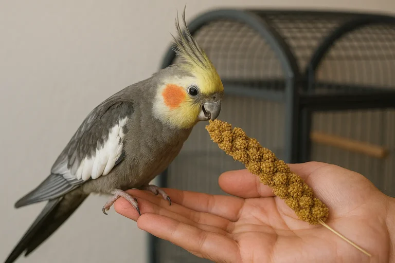A cockatiel perched on a person's hand while nibbling millet, showing a calm moment during a taming session, a perfect example of how to tame an adult cockatiel.
