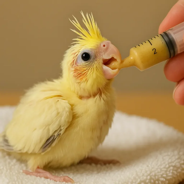 Close-up of a baby cockatiel being hand-fed with a syringe, showing an early stage of the cockatiel baby diet on a soft white towel.