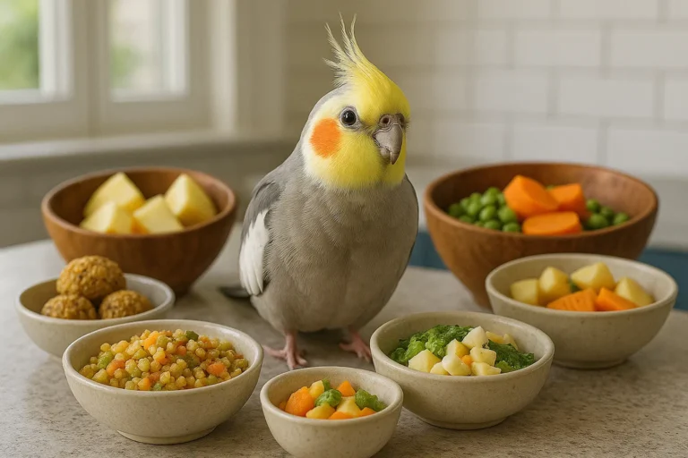 A cockatiel surrounded by colorful homemade food recipes including vegetables, grains, and fruits on a bright kitchen counter.