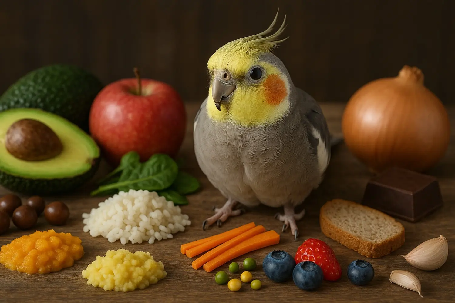 A cockatiel sitting on a wooden surface surrounded by a mix of healthy and toxic human foods, including rice, carrots, blueberries, avocado, chocolate, and onion.