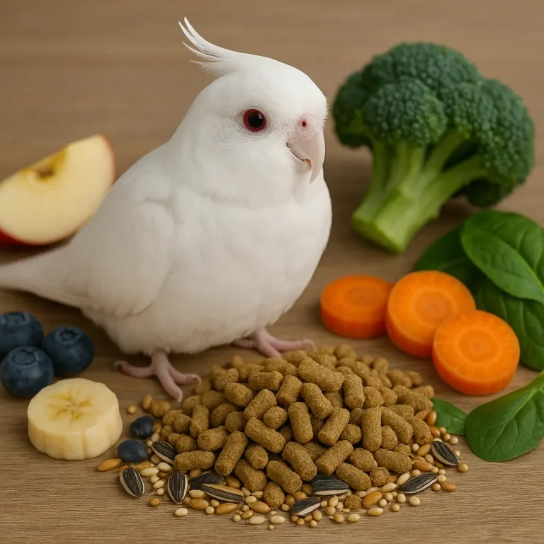Albino cockatiel with red eyes surrounded by pellets, seeds, fresh fruits, and vegetables on a wooden surface.