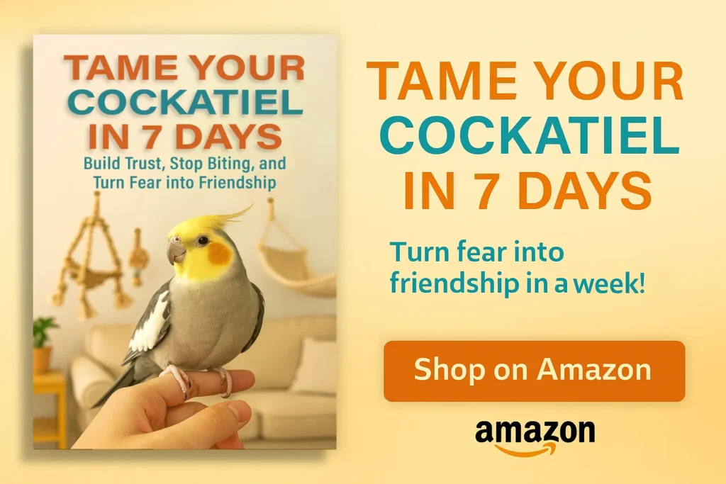book Tame Your Cockatiel in 7 Days featuring a cockatiel perched on a hand and the book cover on a warm beige background